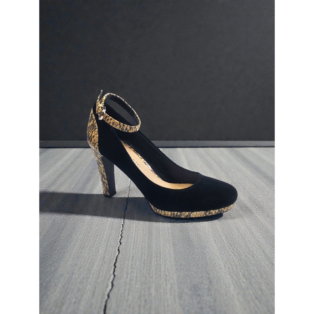 Franco Sarto Breeze Black Suede Snakeskin Platform Ankle Strap Heels 7.5M